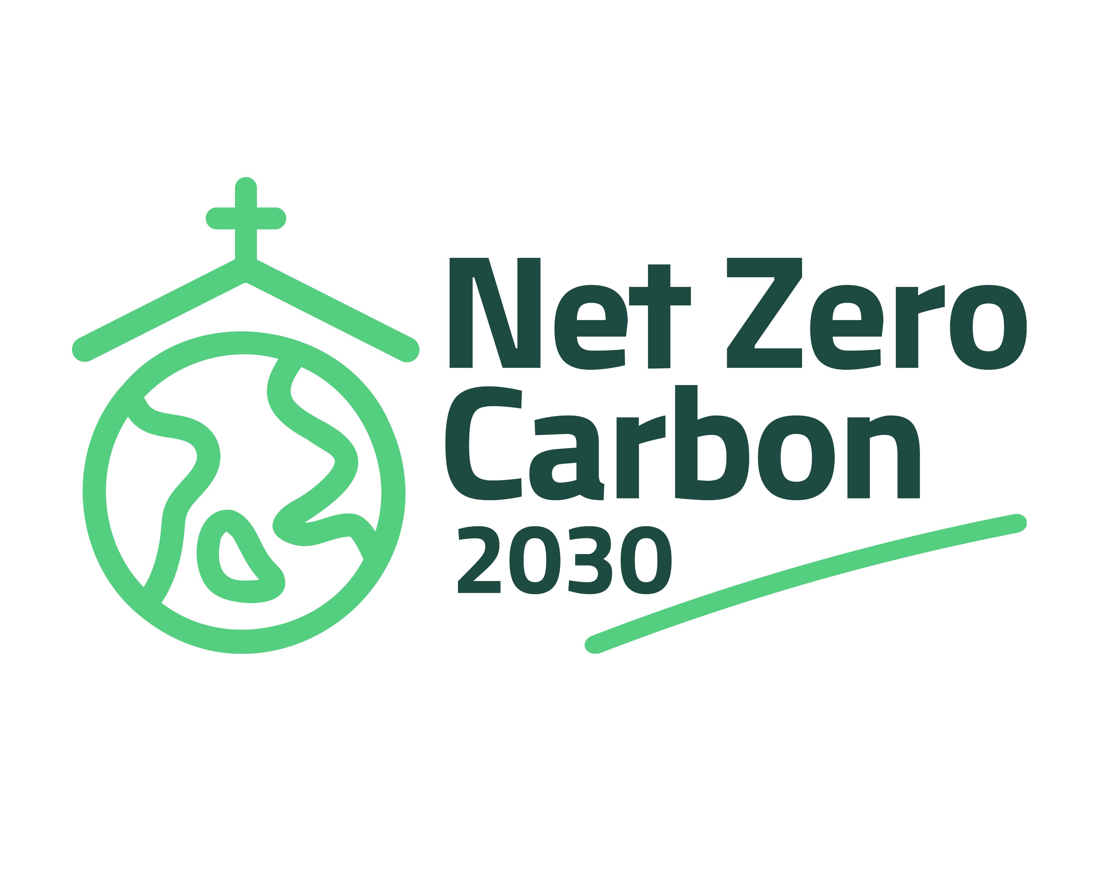 Net Zero Carbon 2030 logo with a cartoon picture of a globe with a church top and a cross