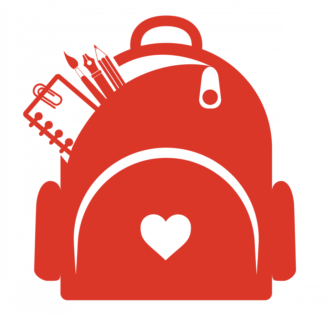 A red cartoon backpack with school equipment in
