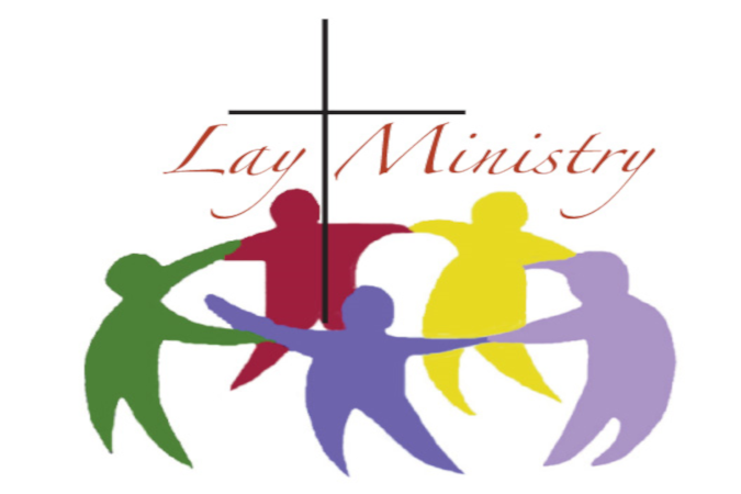 Lay ministry logo, cartoon people dancing around a cross