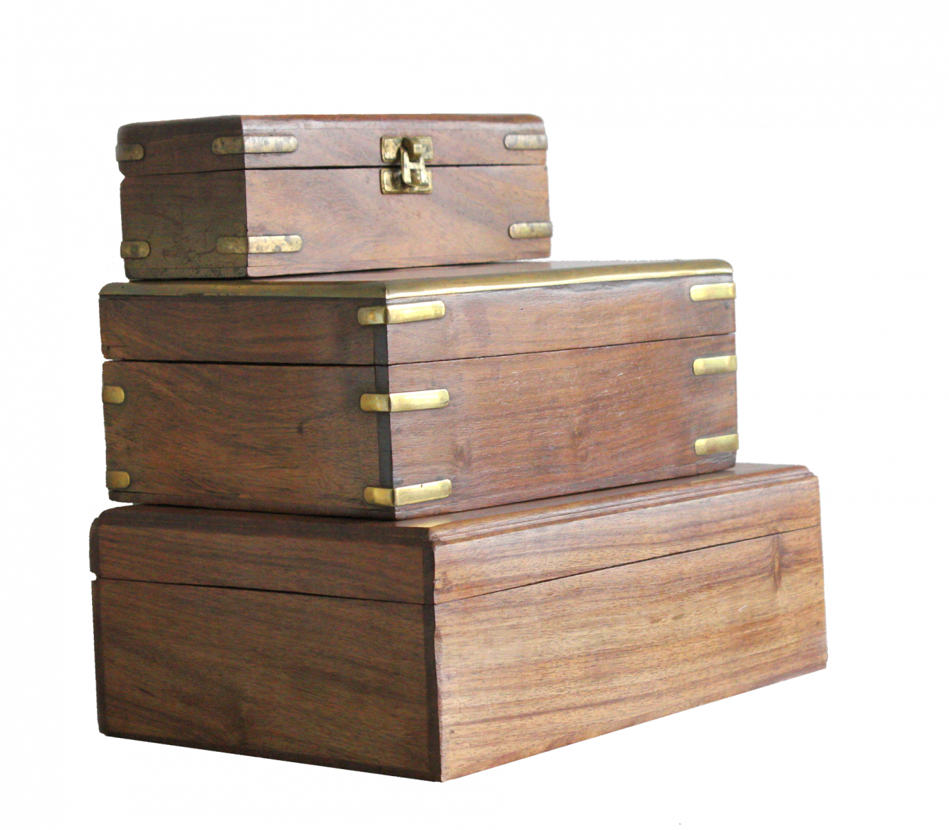 Three wooden chests stacked on top of each other