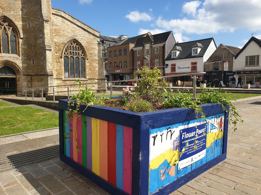 flower power planted outside St John's Church in Peterborough
